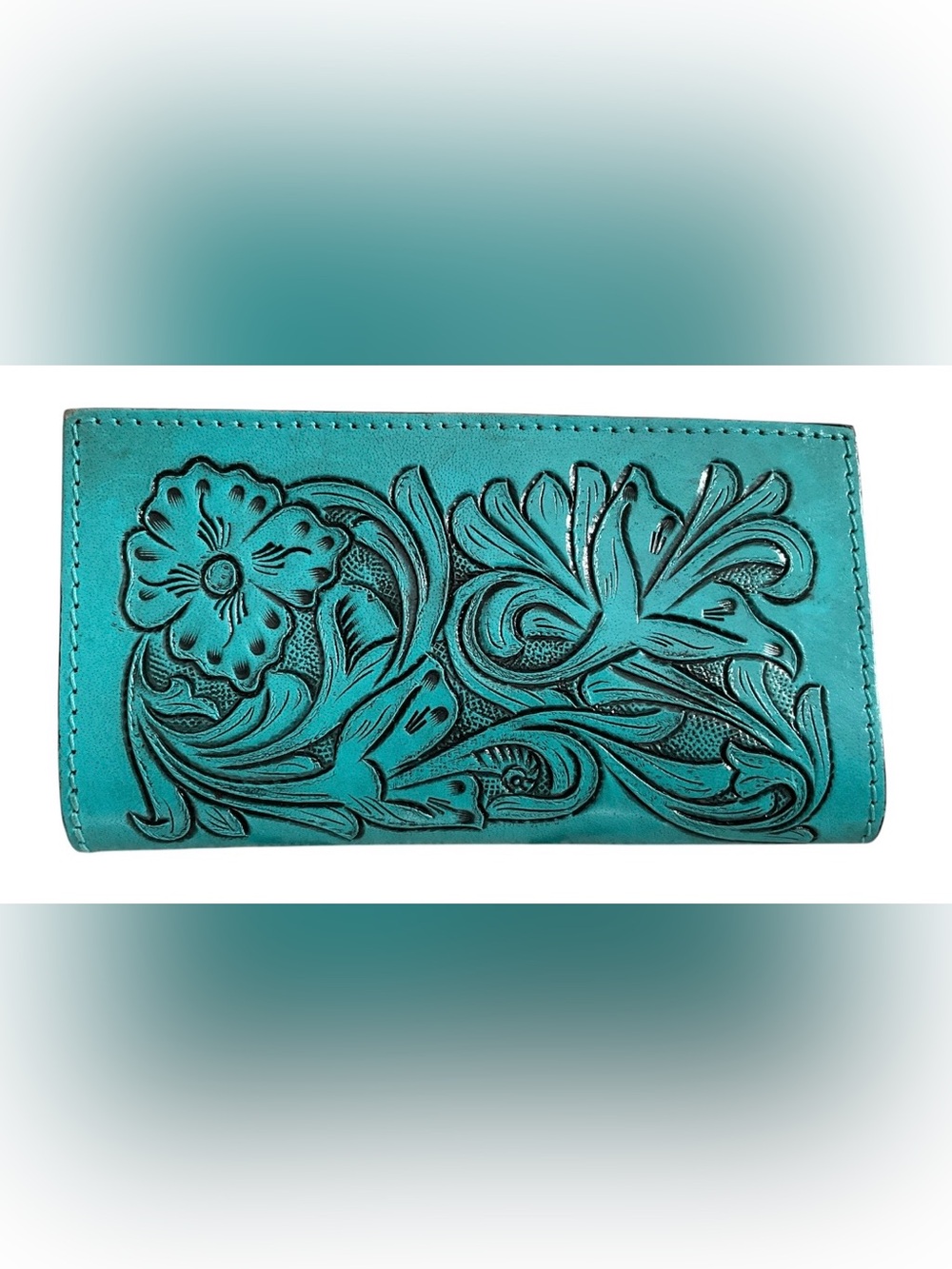 Hand Tooled Leather Floral Checkbook Wallet Turquoise Western Artisan NWOT